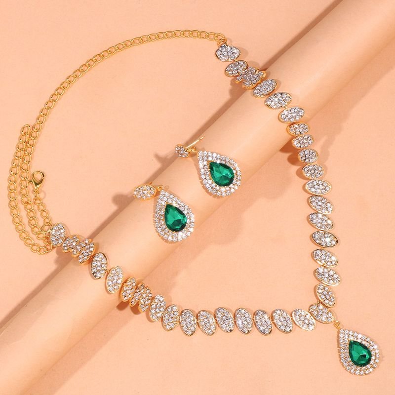 Women Fashion Drop-Shaped Rhinestone Necklace Earrings Jewelry Set