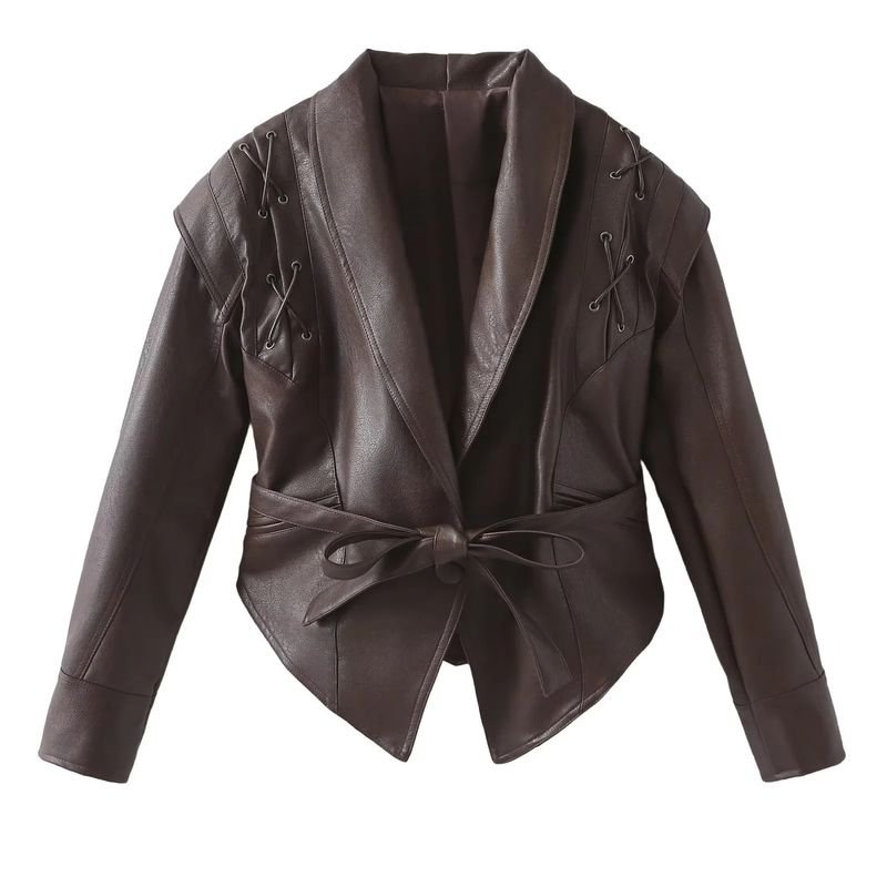 Women Vintage Faux Leather Lapel Long Sleeve Lace-Up Coat