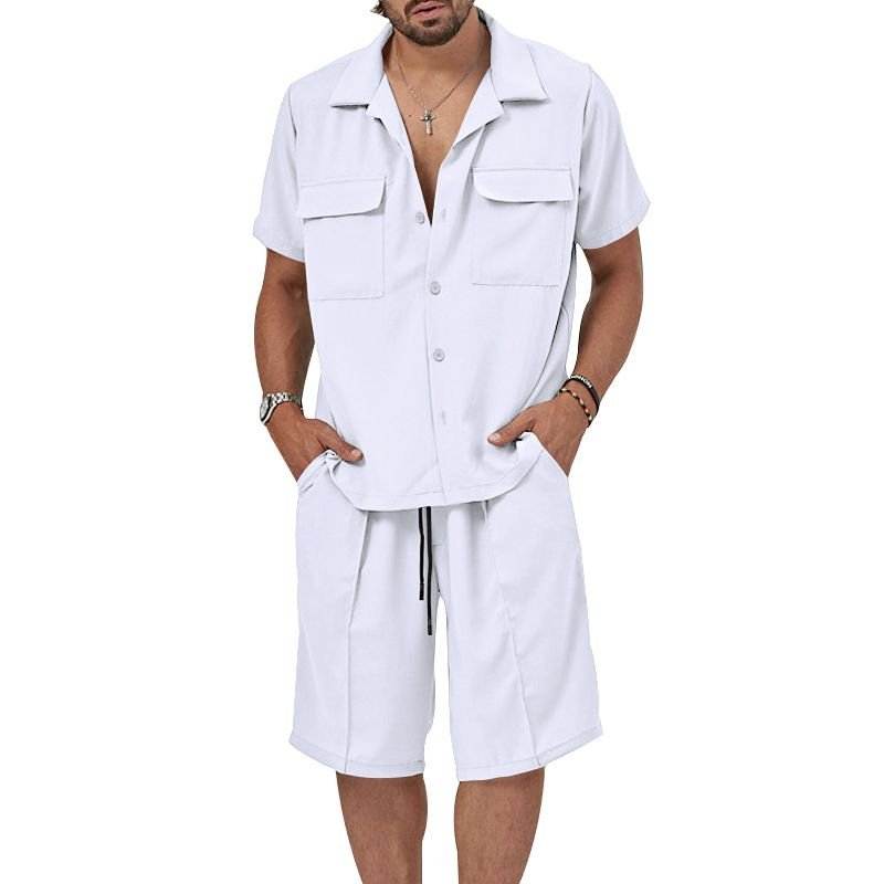 Summer Casual Men Lapel Short Sleeve Shirt Shorts Two-Piece Set