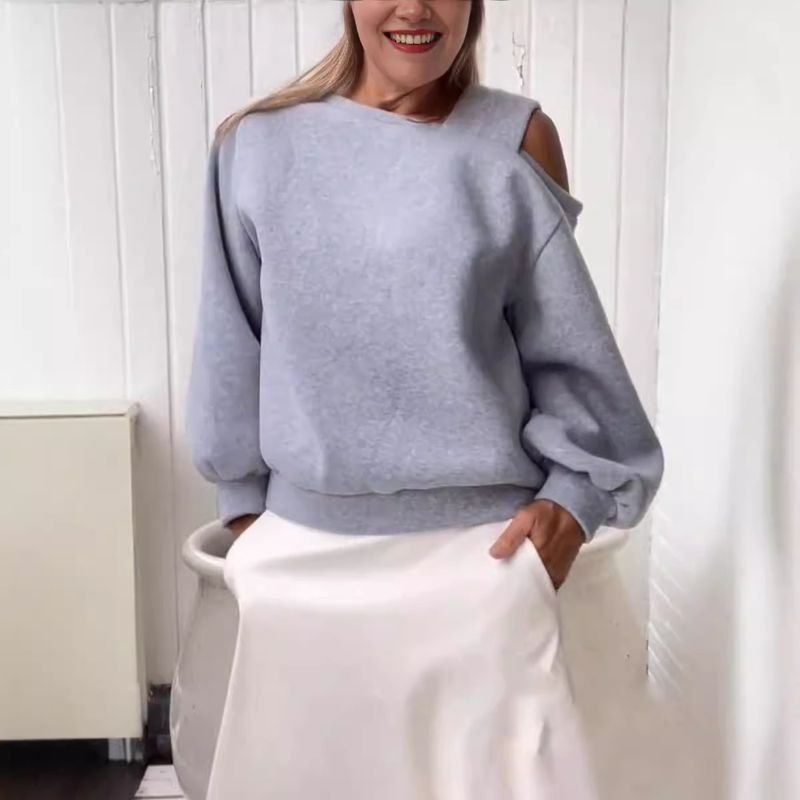 Autumn Winter Women Fashion Solid Color Shoulder Loose Long Sleeve Sweatshirt