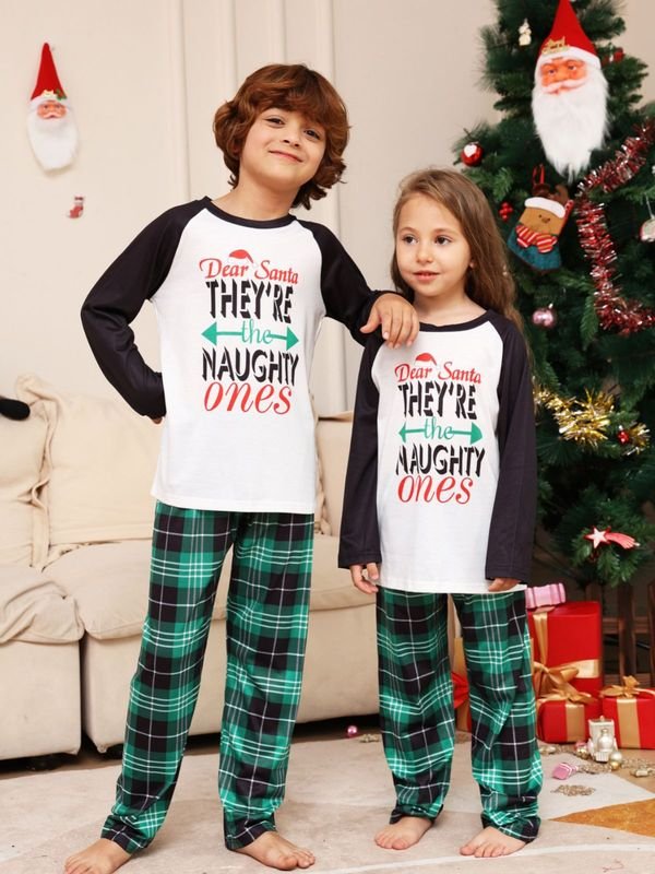 Cartoon Fashion Plaid Letter Printing Round Neck Long Sleeve Parent-Child Home Christmas Pajamas Set