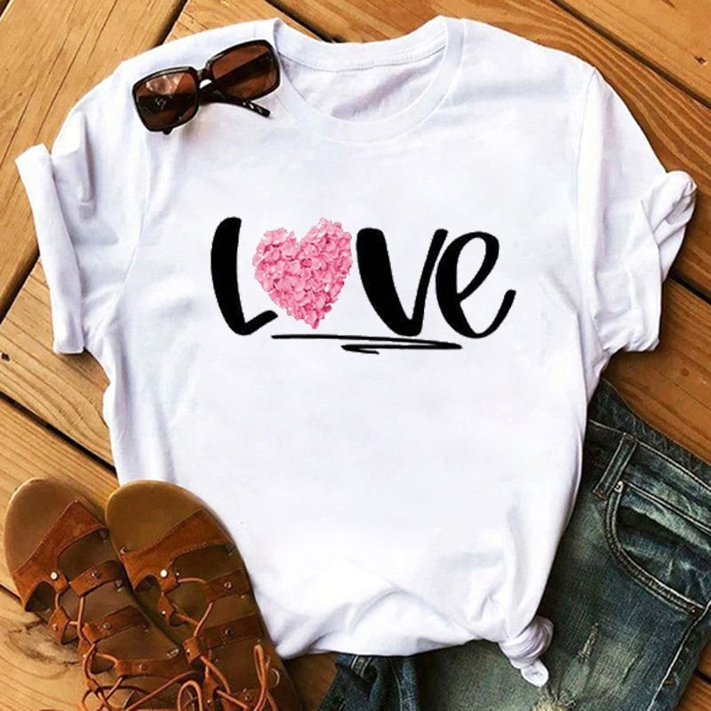 Women Plus Size Simple Basic Loose Short Sleeve Heart T-Shirt