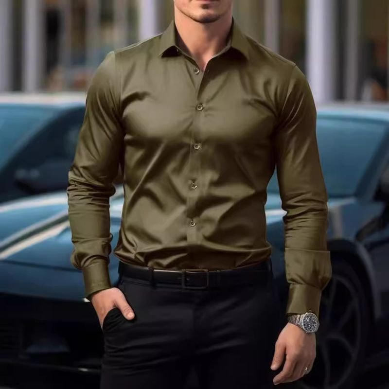 Men Fashion Casual Business Basic Solid Color Plus Size Long Sleeve Lapel Shirt