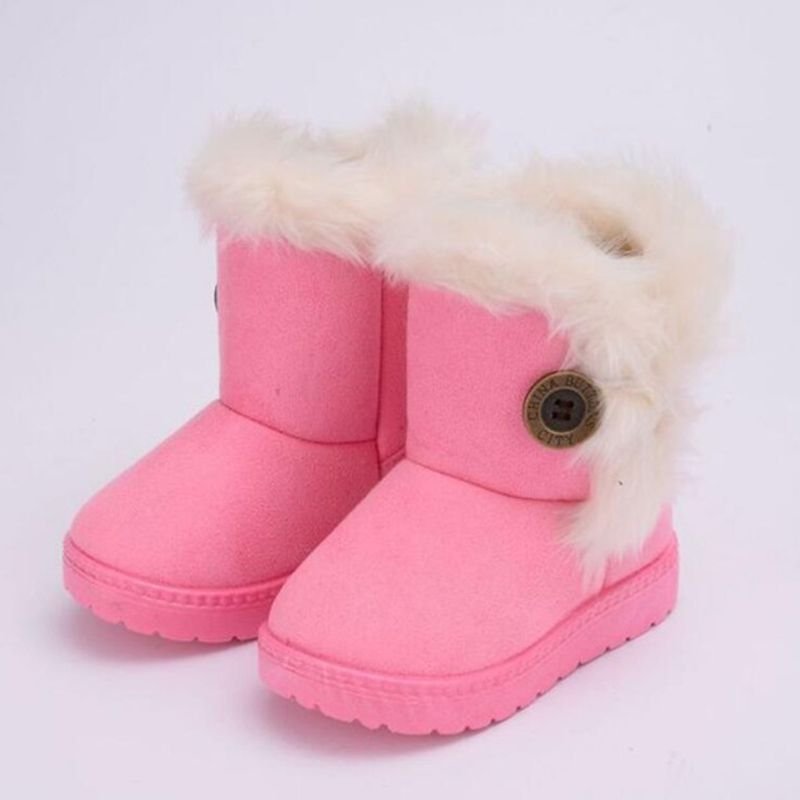 Kids Solid Color Button Design Winter Plush Snow Boots