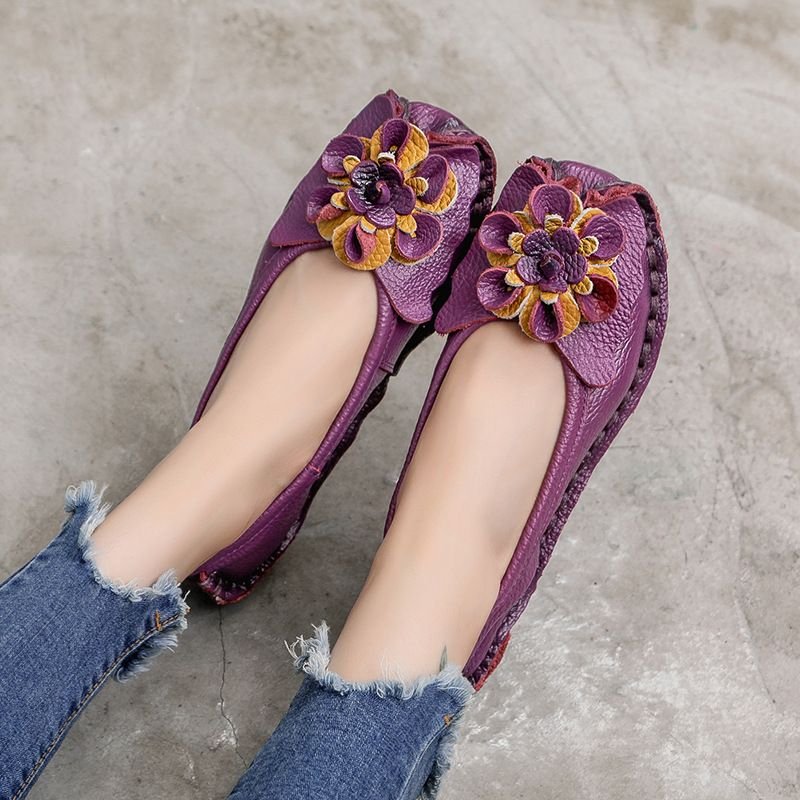 Soft Genuine Leather Flat Shoes Women Flats With Flowers Design Loafers