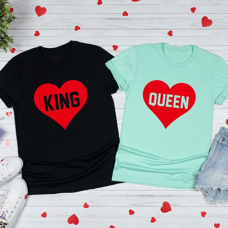 Valentine Day Heart Shape King Queen Letter Print Round Neck Short Sleeve Couple T-Shirt