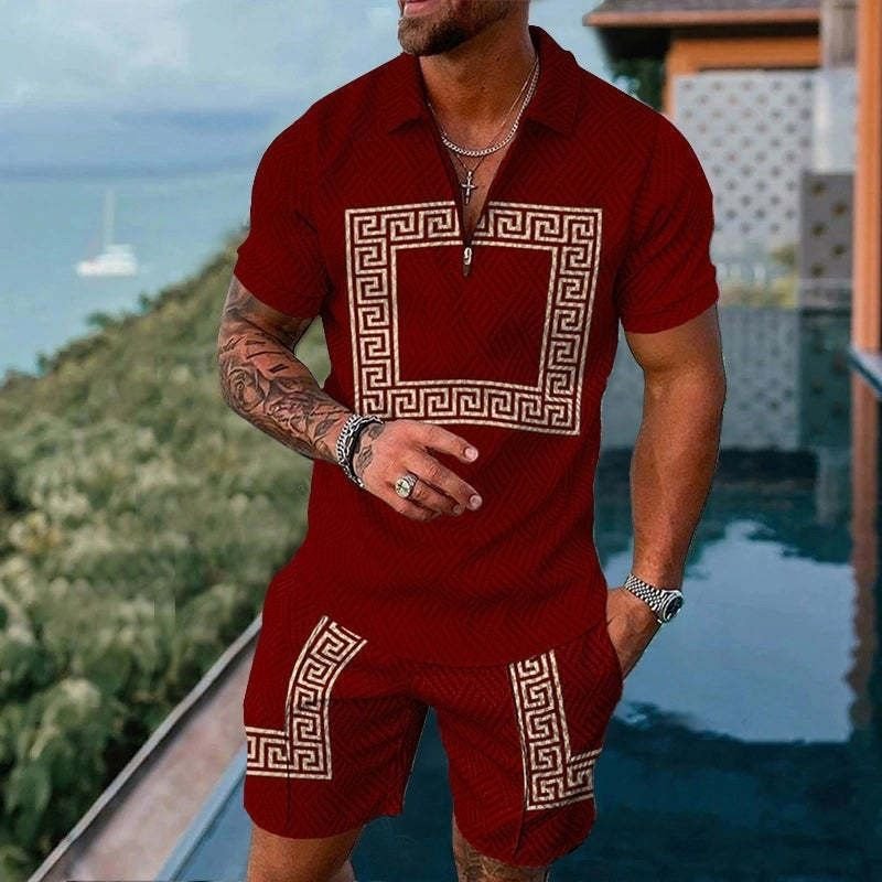 Men Casual Sports 3D Print Plus Size Short Sleeve Lapel Polo Shirt Shorts Set