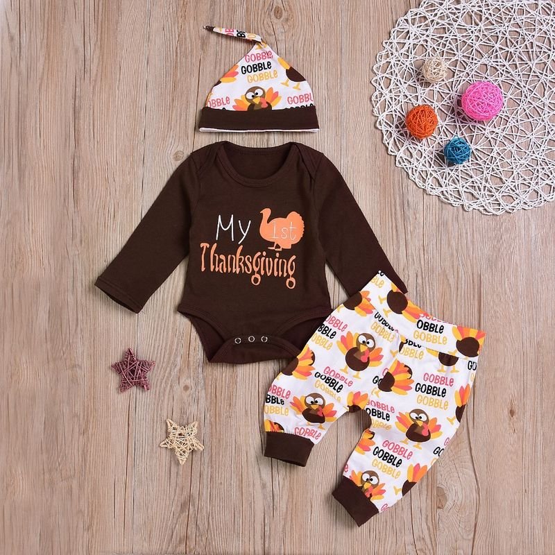 Kids Baby Boys Girls Casual Cute Thanksgiving Turkey Alphabet Print Long Sleeve Romper Trousers Sets