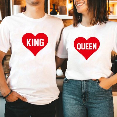 Valentine Day Heart Shape King Queen Letter Print Round Neck Short Sleeve Couple T-Shirt