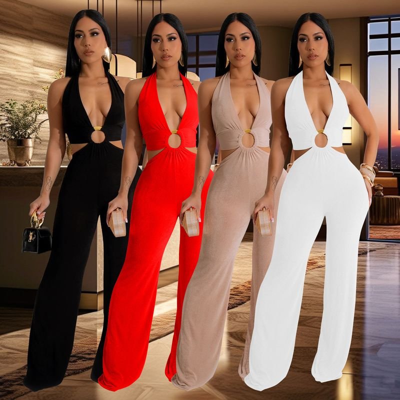 Women Fashion Solid Color V-Neck Backless Lace-Up Hollow Jumpsuits