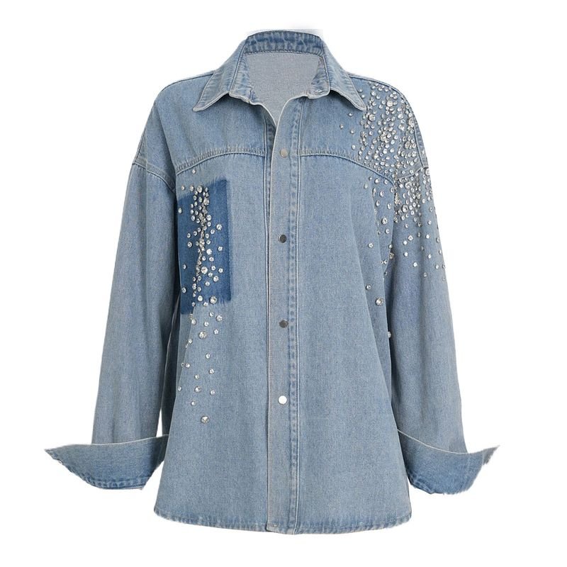 Women Fashion Rhinestone Decorated Lapel Long Sleeve Denim Shirt Coat