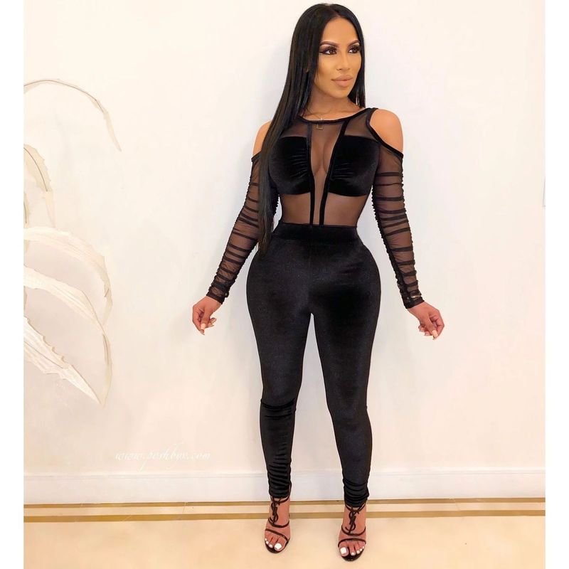 Women Fashion Sexy Sexy Mesh Velvet Stitching Long Sleeve Jumpsuits