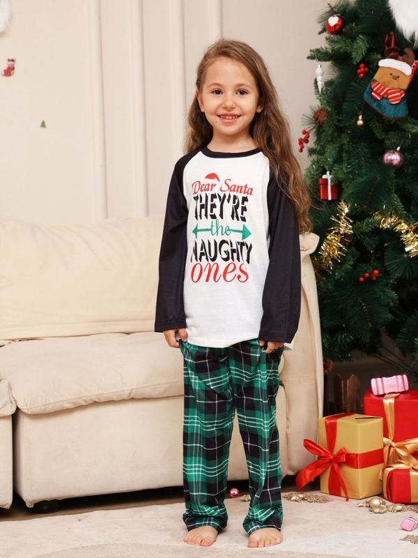 Cartoon Fashion Plaid Letter Printing Round Neck Long Sleeve Parent-Child Home Christmas Pajamas Set