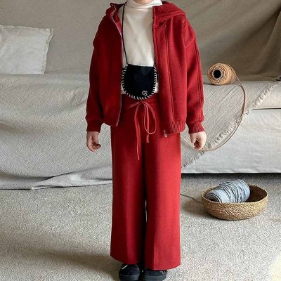 Kids Toddler Girls Fall Winter Casual Cute Solid Color Long Sleeve Hooded Sweater Coat Trousers Sets