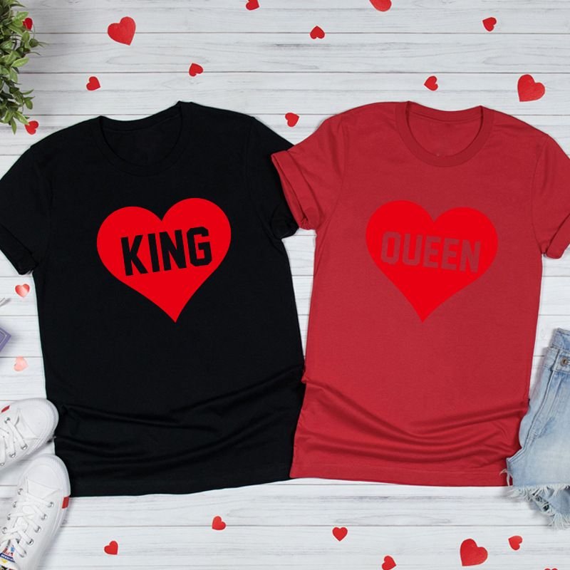 Valentine Day Heart Shape King Queen Letter Print Round Neck Short Sleeve Couple T-Shirt