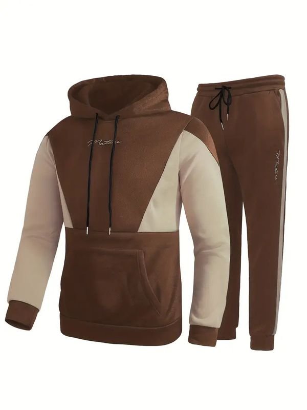 Men Fashion Casual Color Matching Plus Size Long Sleeve Hoodies Trousers Set