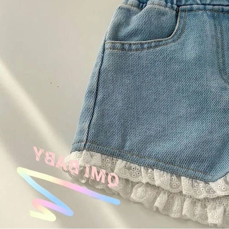 Girls Fashion Solid Color Lace Design Denim Shorts