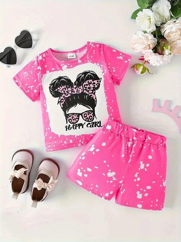 Kids Baby Girls Casual Cute Cartoon Print Short Sleeve T-Shirt Shorts Sets