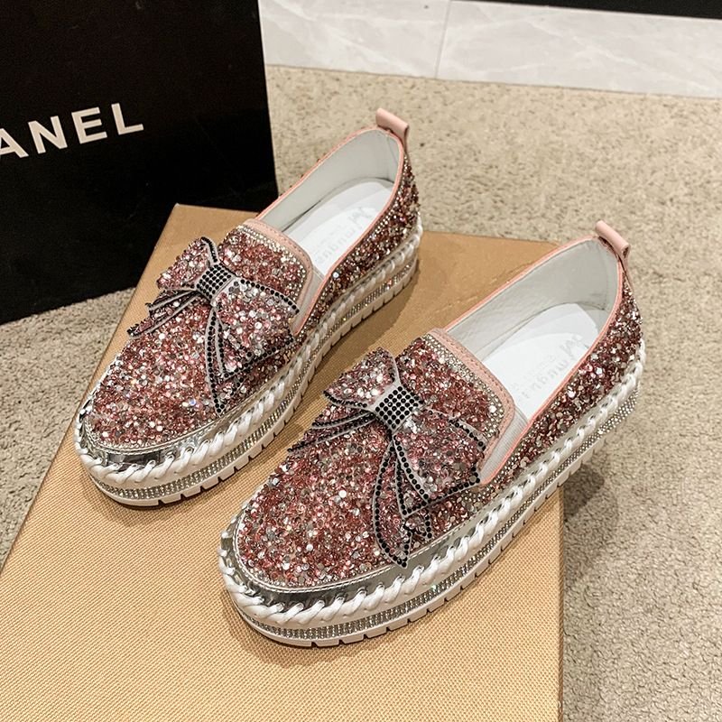 Women Plus Size Fashion Rhinestone Bow Platform Loafers