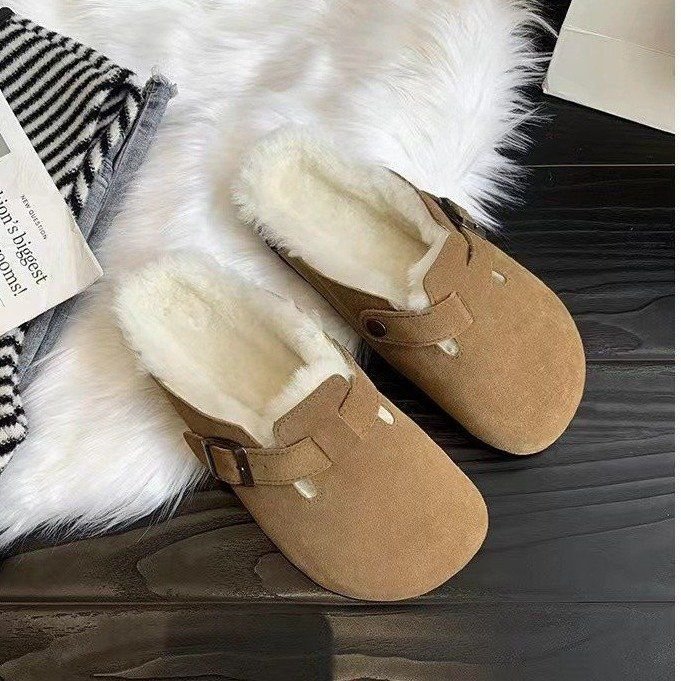 Autumn Winter Women Fashion Fleece-Lined Thickened Cover Toe Flat Mueller Shoes