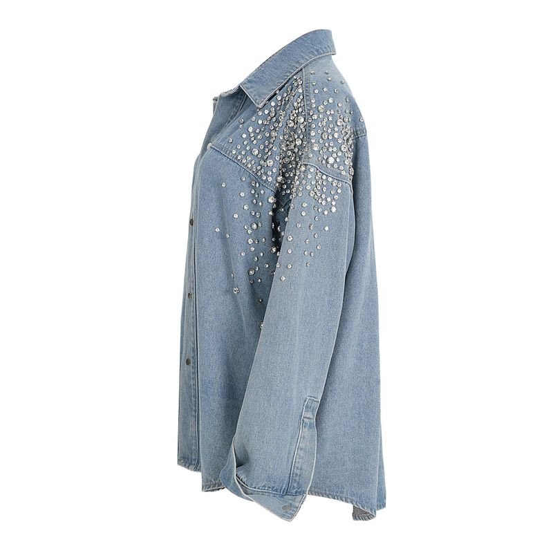 Women Fashion Rhinestone Decorated Lapel Long Sleeve Denim Shirt Coat