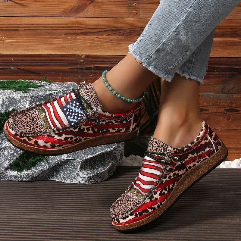 Summer Women Casual Plus Size Leopard Flag Print Slip-On Shoes