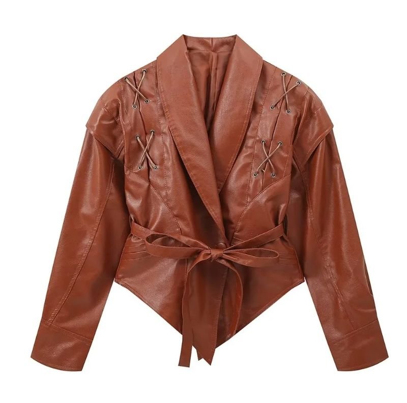 Women Vintage Faux Leather Lapel Long Sleeve Lace-Up Coat