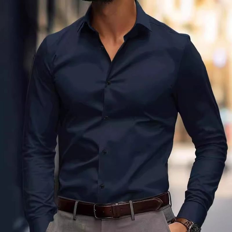 Men Fashion Casual Business Basic Solid Color Plus Size Long Sleeve Lapel Shirt