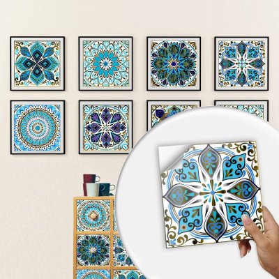 10 Pieces Ethnic Mandala Simulation Tile Stickers Home Renovation Kitchen And Bathroom Decoration Self-Adhesive Wall Stickers