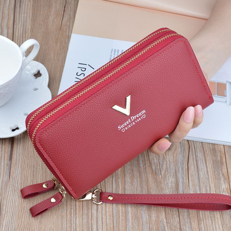 Women Fashion Simple Litchi Pattern Double Zipper Long Purses