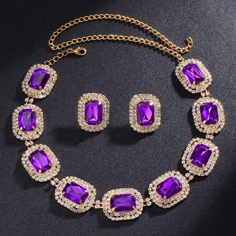 Purple Rhinestone Gemstone Women Exaggerated Necklace Earrings Wedding Party Set