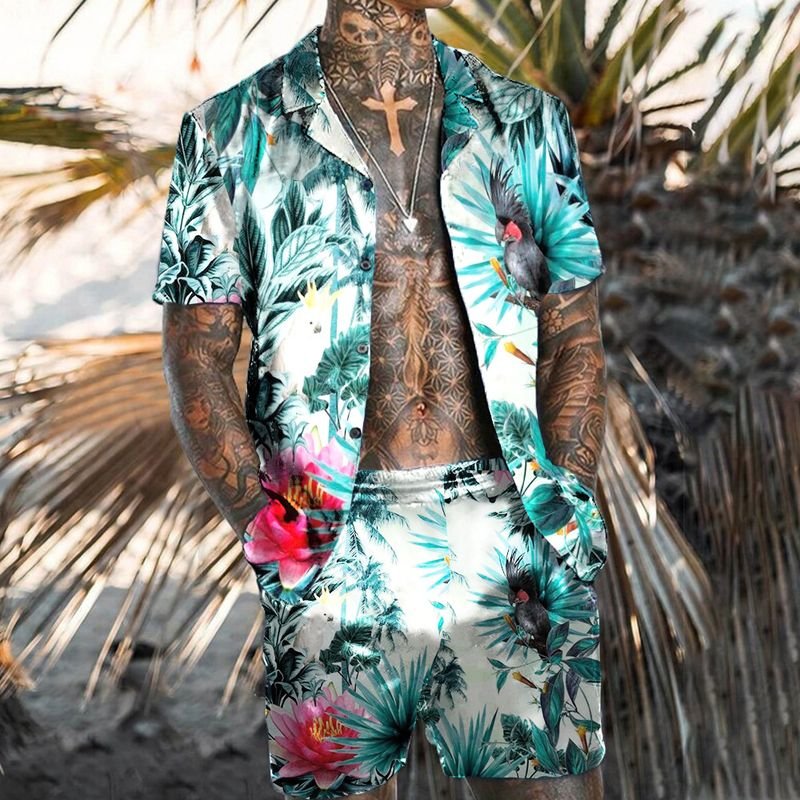 Men Casual Holiday Hawaii Tiny Flower Print Plus Size Short Sleeve Lapel Shirt Shorts Set