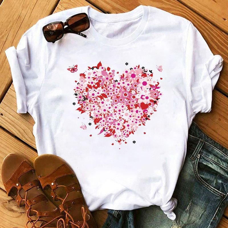 Women Plus Size Simple Basic Loose Short Sleeve Heart T-Shirt