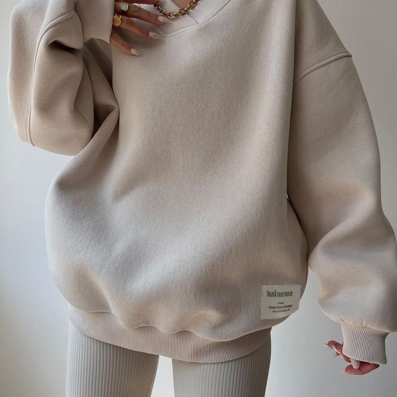 Autumn Winter Women Fashion Solid Color Loose V-Neck Long Sleeve Sweatshirt