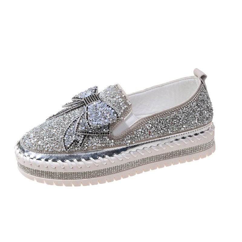 Women Plus Size Fashion Rhinestone Bow Platform Loafers