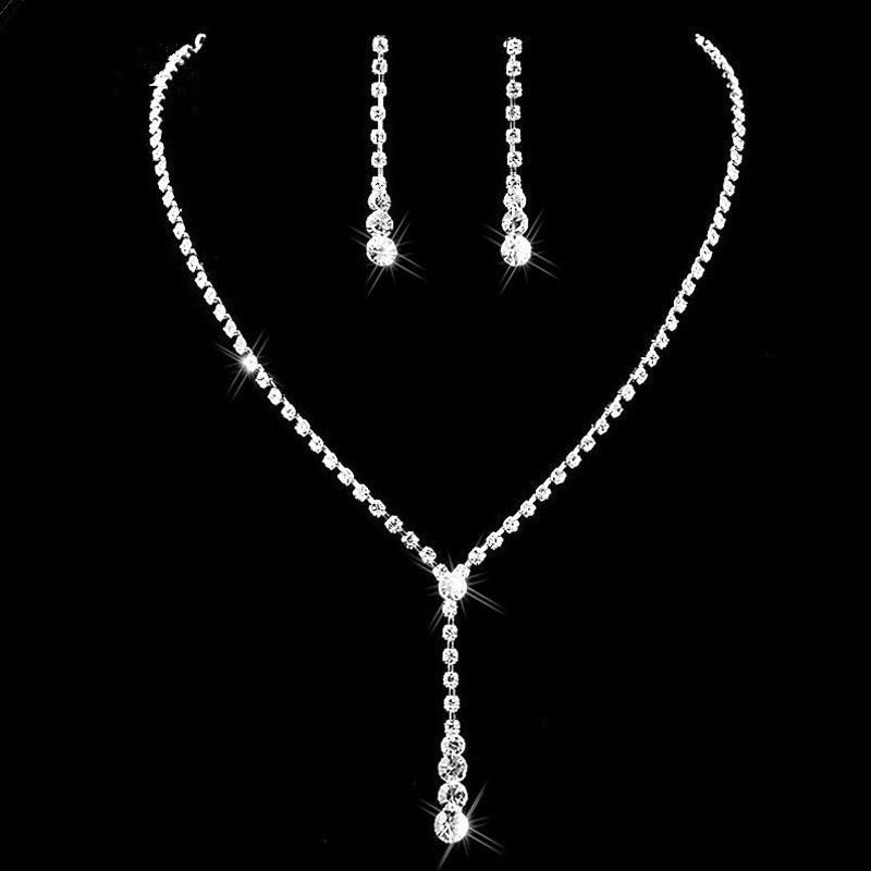 Simple Bridal Rhinestone Necklace Earrings Two-Piece Set