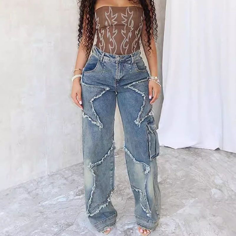 Women Vintage Autumn And Winter Star Tassel Fringe Loose Straight Casual Jeans