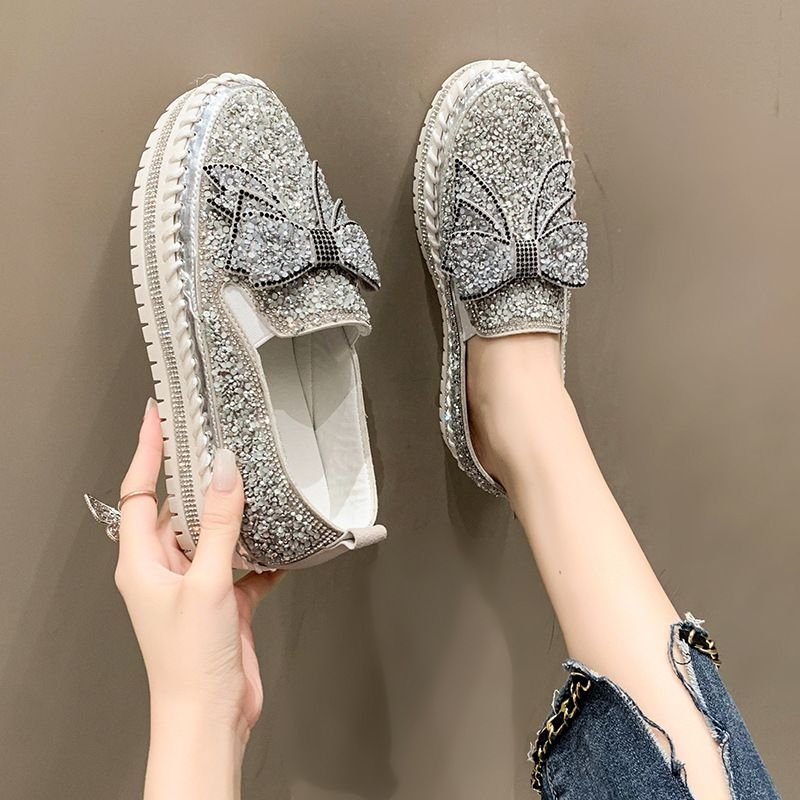 Women Plus Size Fashion Rhinestone Bow Platform Loafers