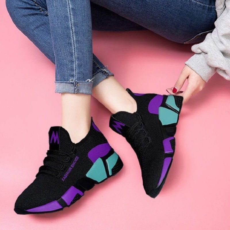 Women Fashion Casual Lace-Up Design Mesh Breathable Color Blocking Platform Running Sneakers