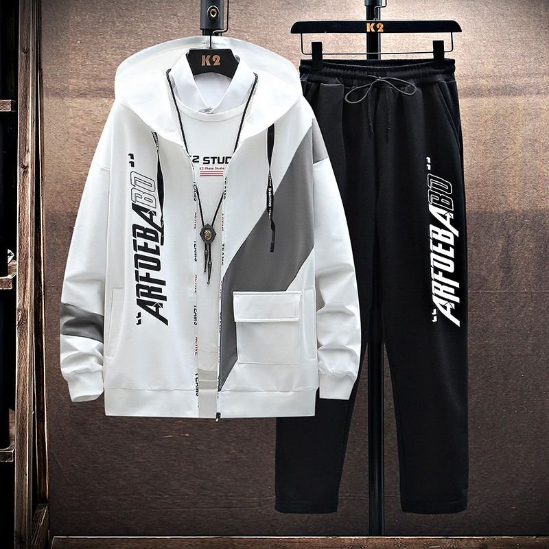 Men Fashion Casual Sports Letters Print Long Sleeve Hooded Coat Trousers Set