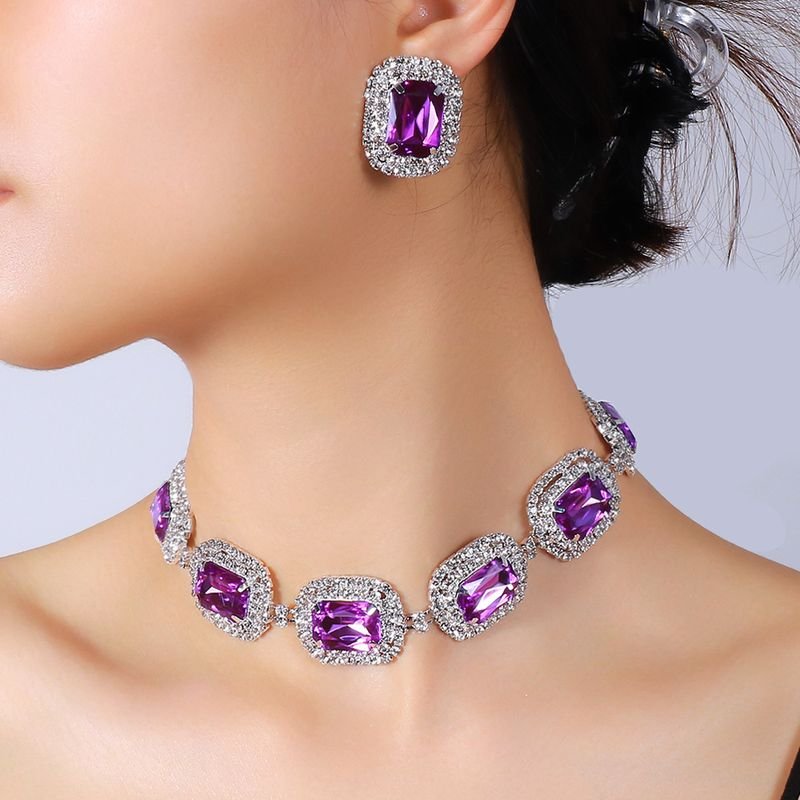 Purple Rhinestone Gemstone Women Exaggerated Necklace Earrings Wedding Party Set