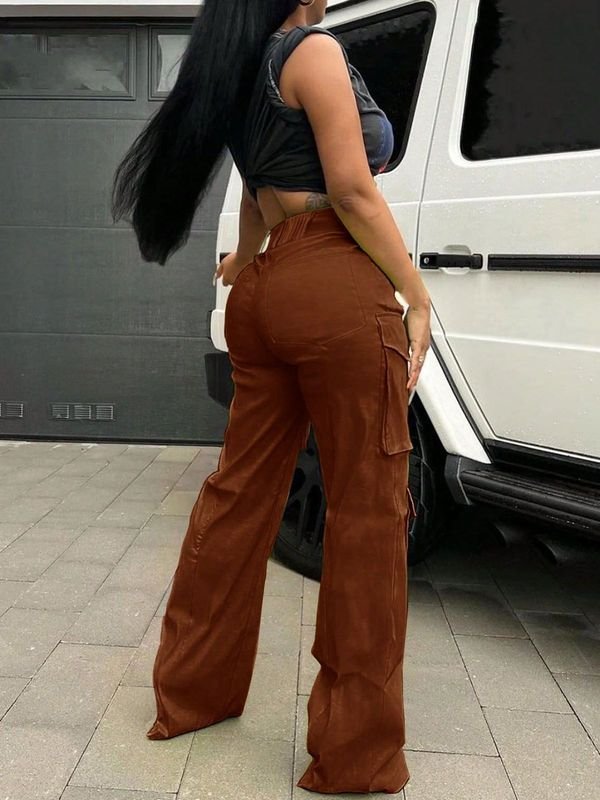 Women Fashion Retro High Waist Multi Pocket Cargo Pants