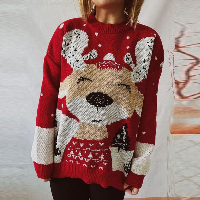 Autumn Winter Women Fashion Christmas Elk Crewneck Long Sleeve Knitted Sweater