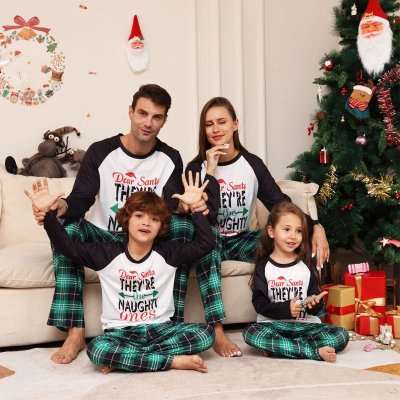 Cartoon Fashion Plaid Letter Printing Round Neck Long Sleeve Parent-Child Home Christmas Pajamas Set