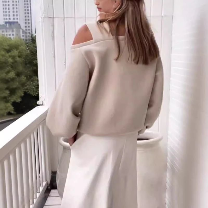 Autumn Winter Women Fashion Solid Color Shoulder Loose Long Sleeve Sweatshirt