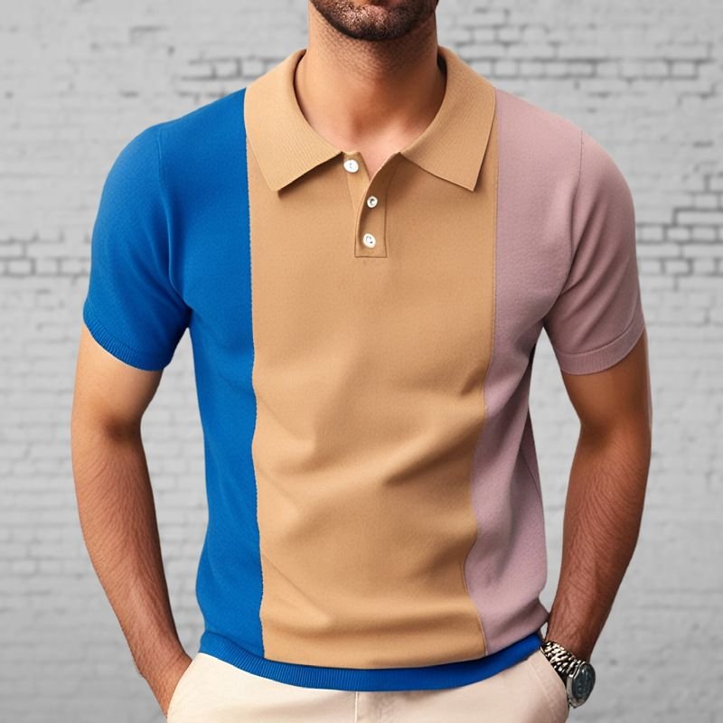 Men Fashion Casual Business Color Matching Knitted Short Sleeve Lapel POLO Shirt