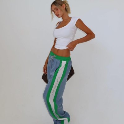 Women Fashion Casual Stripe Color Block Lace-Up Straight Pants