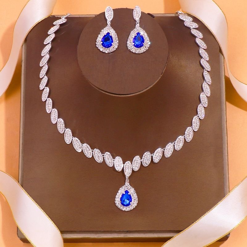 Women Fashion Drop-Shaped Rhinestone Necklace Earrings Jewelry Set