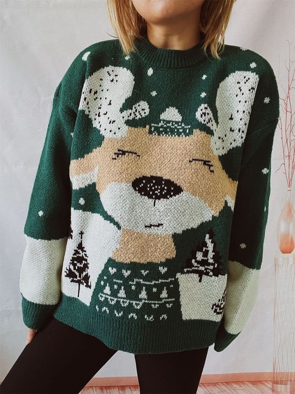 Autumn Winter Women Fashion Christmas Elk Crewneck Long Sleeve Knitted Sweater