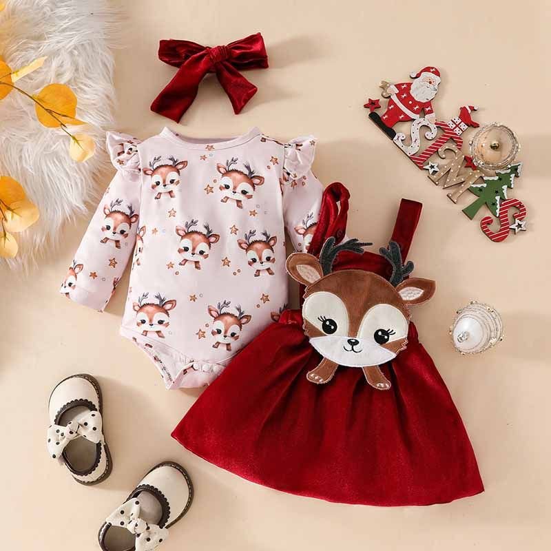 Kids Baby Girls Cute Party Christmas Cartoon Fawn Long Sleeve Romper Strap Dress Sets